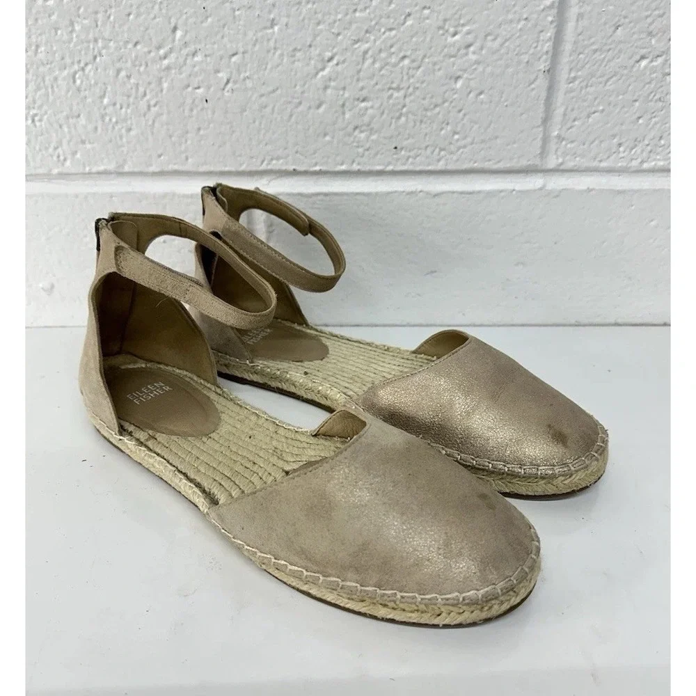 Eileen Fisher Espadrille Size 10 Tumbled Metallic Leather Flat Shoes‎